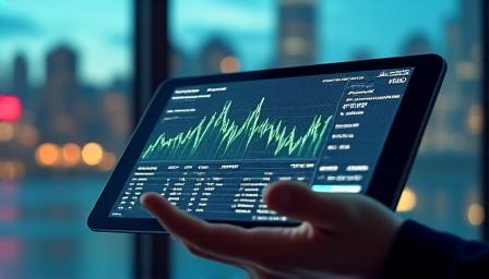 Financial data on a tablet screen with high rise background