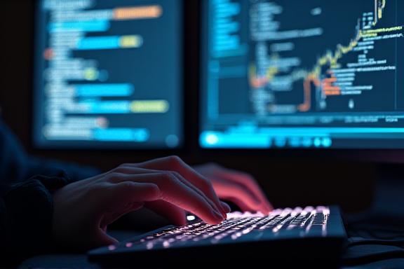 Close up of a keyboard and data analyst workstation with glowing screens